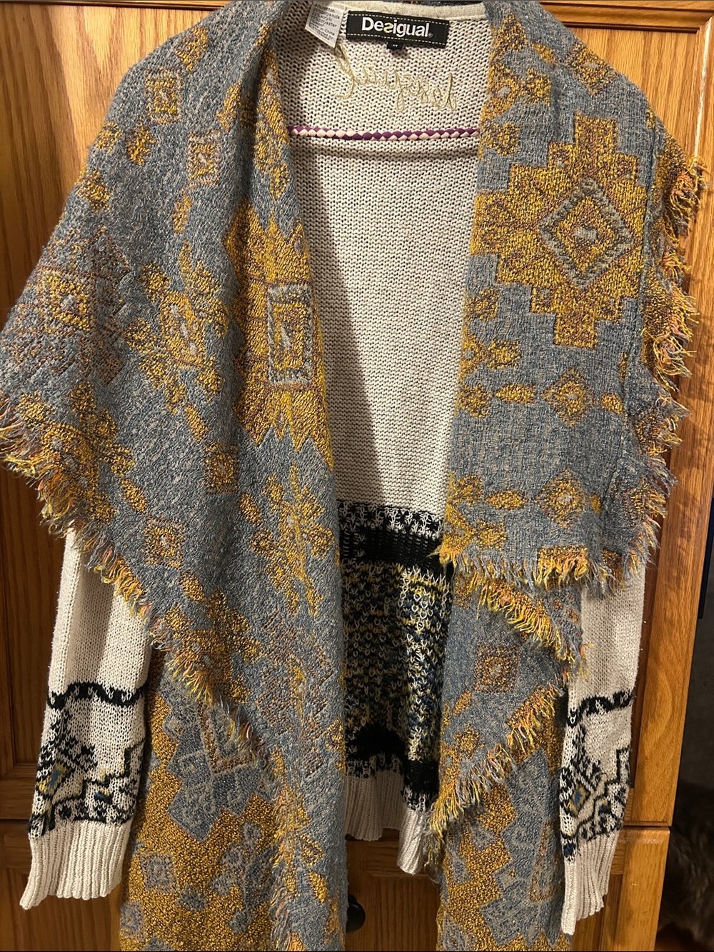 Desigual Grey and Mustard Geometric Knit Shawl Cardigan